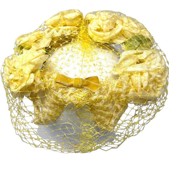 Yellow Silk Floral Hat Veiled Half Hat Fascinator Derby Vintage 50s 60s‎ - Picture 2 of 5